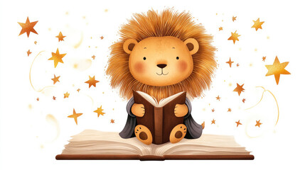 Cute lion reading book illustration