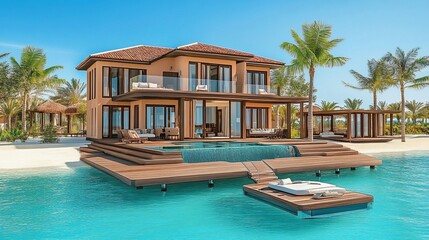 Fototapeta premium Luxurious beachfront villa with pool, palm trees, and turquoise water