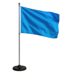A striking bright blue flag hangs blank and ready on a smooth silver pole with a weighted black base.