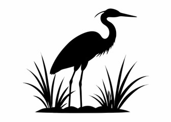 Black heron silhouette standing in a marsh with tall grass
