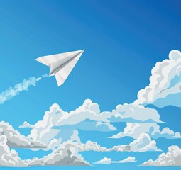 Flying high with a paper airplane in a clear blue sky full of fluffy clouds