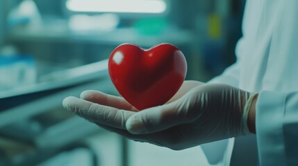 A hand holding a red heart against a blurred green background.