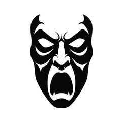 Angry demon face with open mouth black and white vector illustration