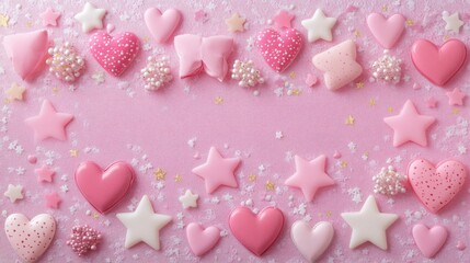 Abstract image of pink hearts with water droplets, against a blurred background.