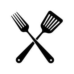 Culinary Crossroads: A simple yet striking monochrome image of a fork and spatula crossed, symbolizing the art of cooking, dining, and the culinary world.