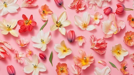 A row of pink and white tulips with green leaves against a solid pink background.