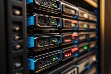 Obraz premium Inside the Data Center A Close-Up View of High-Density Server Infrastructure