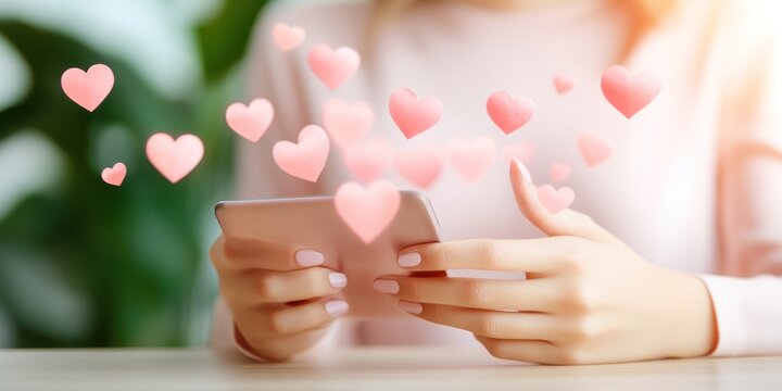 Woman Receiving Virtual Hearts on Her Smartphone