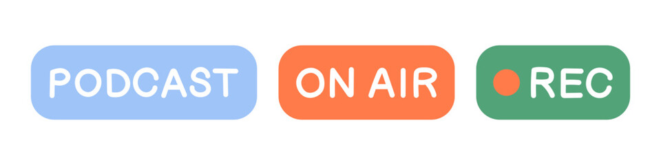 Podcast, recording, on air icons isolated on white background.