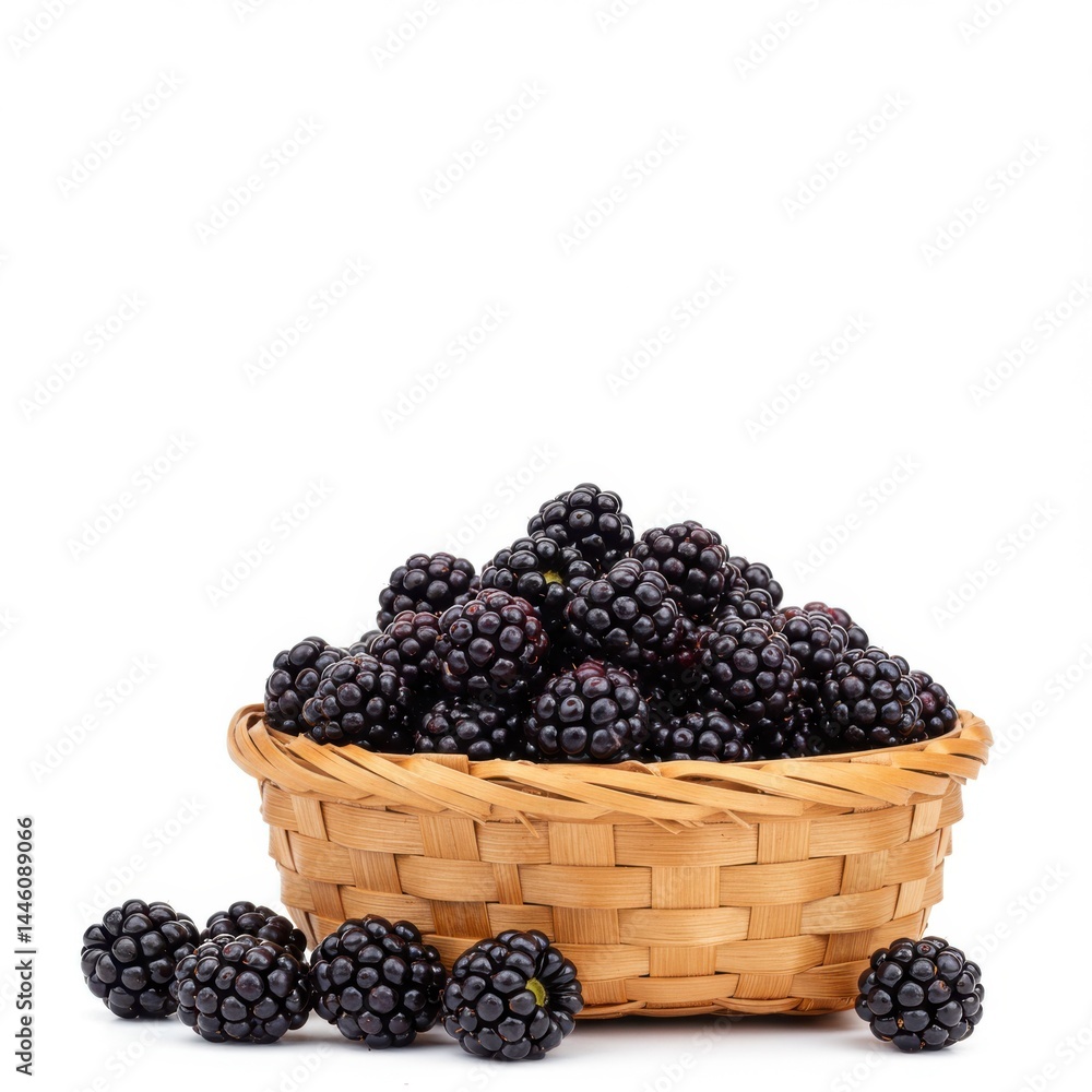 Poster a basket overflowing with ripe blackberries sitting on a white surface in a studio setting view