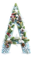 
Letter A in winter style, fir tree, cones, snow, christmas. Alphabet on white background isolated