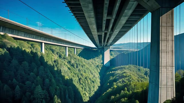 Massive modern highway bridges crossing a deep green forested valley under clear blue sky, viewed from below with towering concrete support pillars

