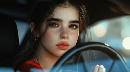 Girl Driving at Sunset, Road Trip Adventure