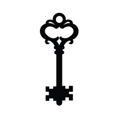 Ornate vintage key silhouette with intricate details isolated on white background