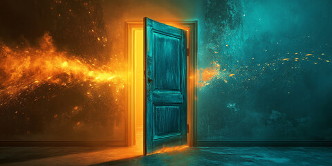 Open door, glowing orange and teal light, sparks. Symbolizes transition, new beginnings, mystery, potential, opportunity, choice, and the unknown