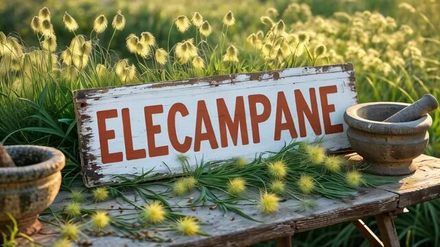 sign with the inscription elecampane, fresh herbs on the table, sunny day