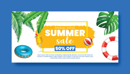 Summer sale horizontal banner vector illustration with topical leaves background. Promotional banner for website social media banner, cover, header. beach party greeting card design