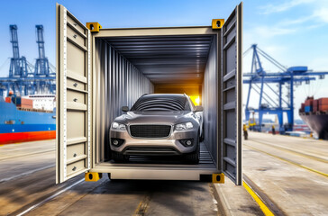Modern car in open container in cargo port. Vehicle export via sea, international trade routes and global automotive markets