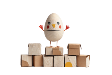 Adorable paper chick figurine standing on small cardboard boxes art fun on transparent background