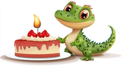 Obraz premium Cute Cartoon Lizard with Strawberry Birthday Cake