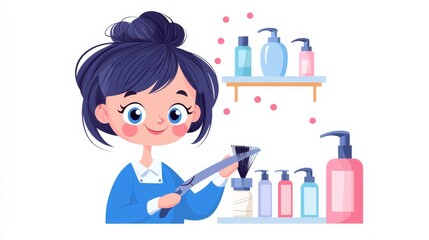 Cute Cartoon Illustration of a Young Woman Happily Styling Hair with Colorful Hair Products