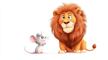 Cute Cartoon Illustration of a Playful Mouse and a Grinning Lion in a Whimsical Scene