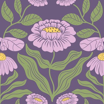 Seamless floral pattern on dark purple background. The design features light purple flowers with a yellow center, decorated with green leaves and stems.