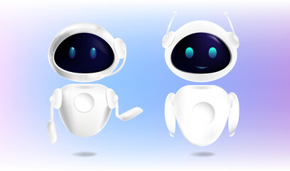Two AI robots virtual assistants and chatbots for tasks like automation, customer support, and digital communication.Smart Virtual Assistants with Friendly Robot Design.Vector illustration in 3D style