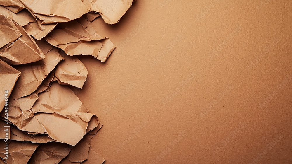 Poster textured brown paper pieces on neutral background - abstract design with wrinkled craft elements and
