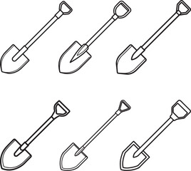 set of shovel sketch line art, black outline, vector and illustration, coloring book page line art drawing