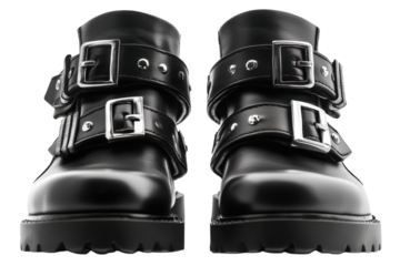 Stylish black leather biker boots with double buckles edgy studded accents and a chunky sole