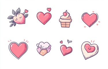 Cute heart icons with decorative elements