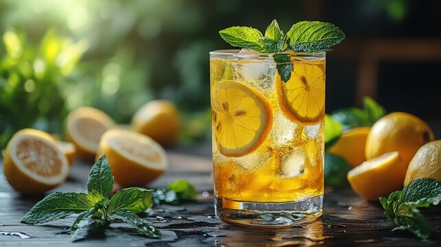 Refreshing iced lemonade with sliced lemons and mint garnish on wooden table - Powered by Adobe