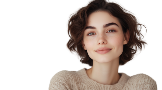 Confident, smiling young woman, business casual young woman smiling confidently, young woman with stylish hair, pointing at camera, young woman smiling with head tilted, on a transparent backgrounds