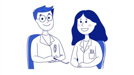 Fototapeta premium Illustrative Line Art of Two Smiling Healthcare Professionals Seated Together in a Supportive Setting