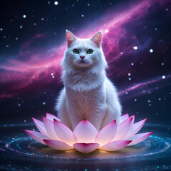 Regal White Cat Meditating on a Lotus in a Cosmic Galaxy
