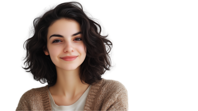 Confident, smiling young woman, business casual young woman smiling confidently, young woman with stylish hair, pointing at camera, young woman smiling with head tilted, on a transparent backgrounds