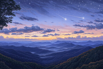 Fototapeta premium Serene sunset over layered blue mountains, shooting stars streak across a twilight sky, a tree silhouette frames the scene, evoking peace and tranquility