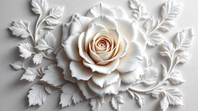 "Elegant White Rose Design: 4K Close-Up of Intricate White Rose Sculpture with Delicate Leaves and Petals | Stunning Floral Art with Soft Texture and Detailed Craftsmanship"