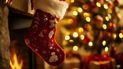 Festive Christmas stocking hanging by fireplace.