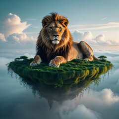 Regal Lion Relaxing on a Floating Island Amongst Clouds