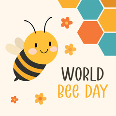 World Bee Day Cartoon Illustration with Cute Smiling Bee and Honeycomb