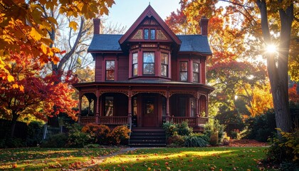 Obraz premium Elegant Victorian house with intricate wooden trim, tall bay windows, wraparound porch