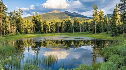 Serene mountain lake reflecting sky, trees, and peak
