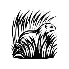 Stylized Meerkat Silhouette among Tall Grass, Black on White, Animal Icon, Simple Design