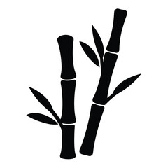 Simple black silhouette illustration of two bamboo stalks and leaves on white