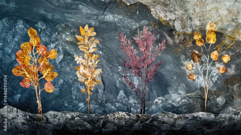 Poster time-lapse concept image showing plant fossilization process stages.