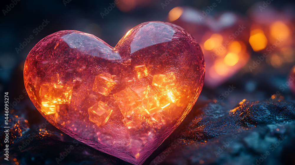 Poster Crystal heart with sparkling geometric inclusions resting on dark textured surface symbolizing love and warmth with bokeh lights