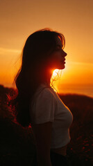 Fototapeta premium Silhouette of a woman against a vibrant sunset during an evening at the beach