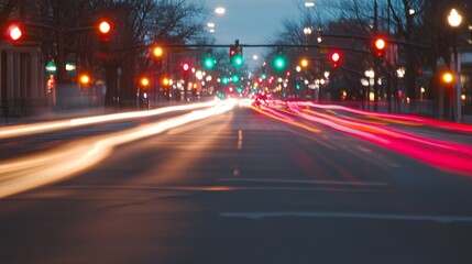 Obraz premium Traffic lights illuminating a city street, vibrant light trails from moving cars, urban nightlife, dynamic and bustling atmosphere.